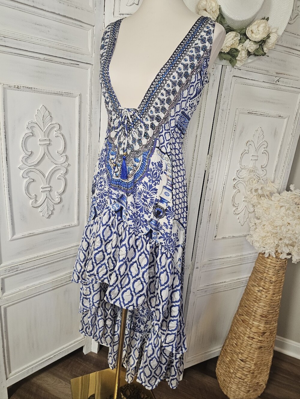 True Colours La Moda Blue Mosaic Print High- Low Ruffle Resort Maxi Dress